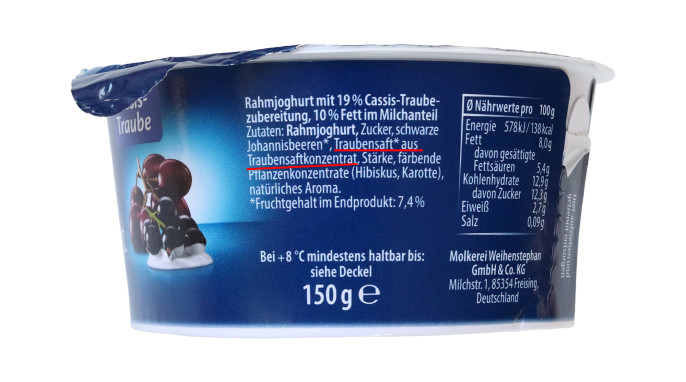 Zutaten, Weihenstephan Rahmjoghurt Cassis-Traube