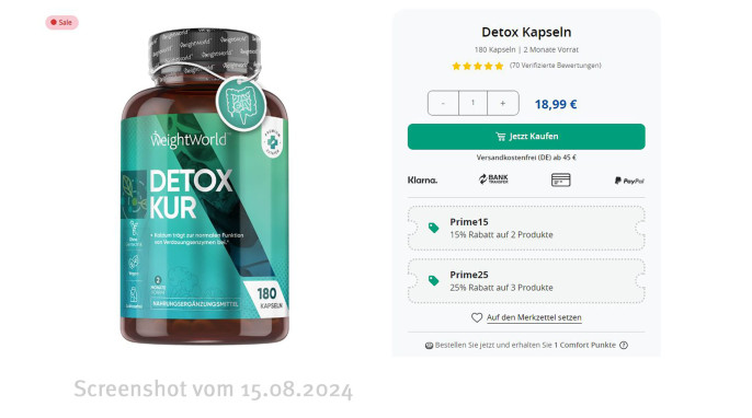 „Detox Kur“ steht auf der Verpackung mit Nahrungsergänzungsmittel.