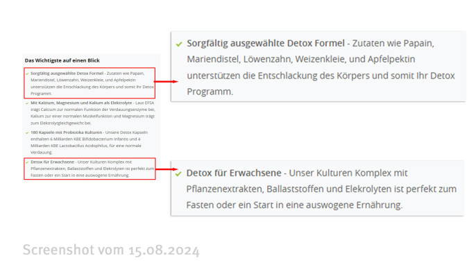 In den Werbeaussagen steht, dass das Produkt eine sorgfältig ausgewählte Detox Formel enthalte.