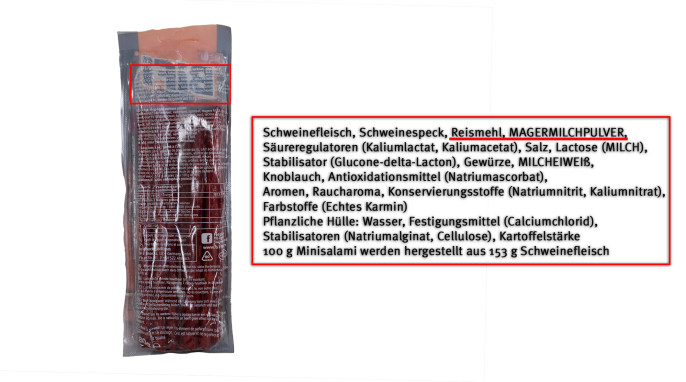 Die Rückseite der Packung führt unter anderem die Zutaten auf. Sie sind rot eingerahmt. Details zu den Zutaten stehen unter dem Abschnitt „Darum geht’s“.