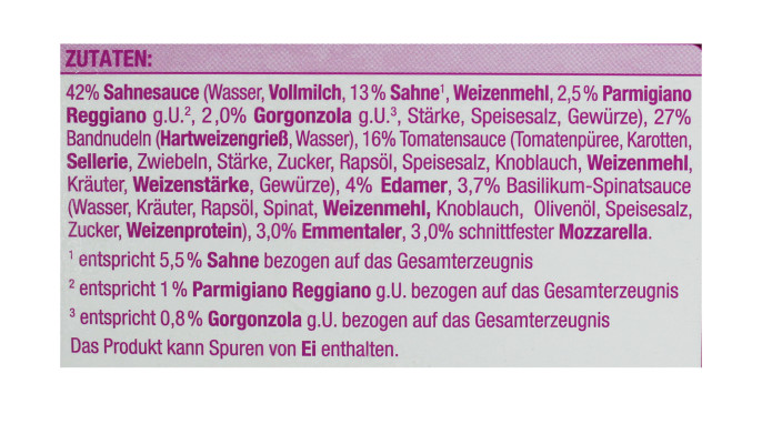 Zutaten, Edeka Gut und Günstig Fettuccine Käse-Sahne 