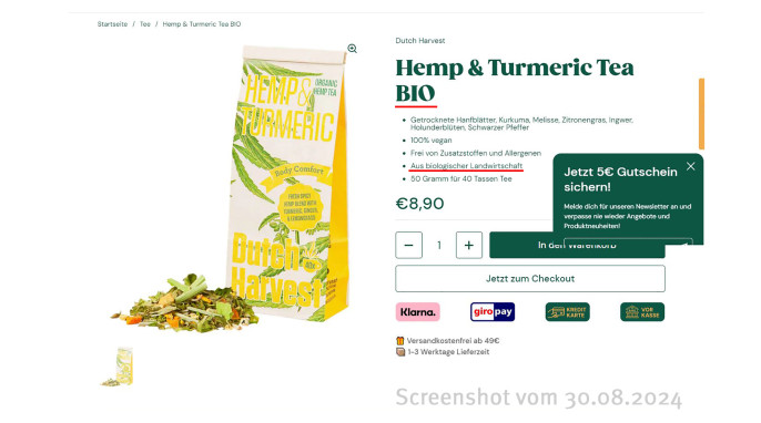 Hemp & Turmeric Tea Bio, Gruenesgold.de, 30.08.2024