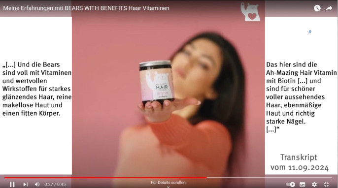 Transkript, Meine Erfahrungen mit Bears with Benefits Haar Vitaminen, Youtube.com, 11.09.2024