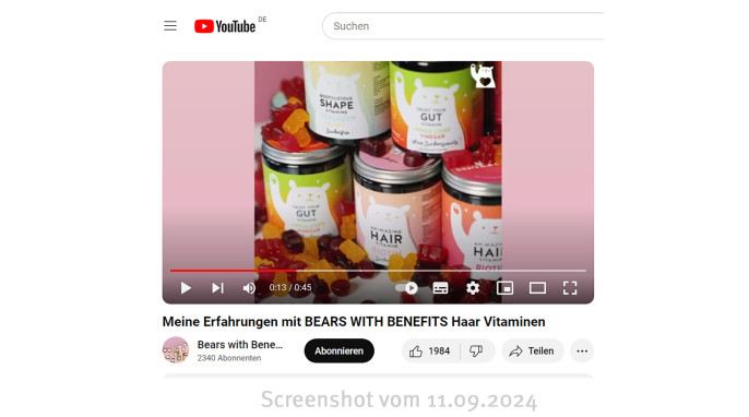 Werbevideo auf Youtube, Bears with benefits Haar Vitamine, 11.09.2024 
