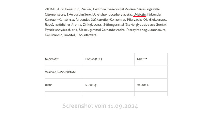 Zutaten, Nährwertangaben, Ah-Mazing Hair Vitamin Biotin, Bears-with-benefits.com, 11.09.2024
