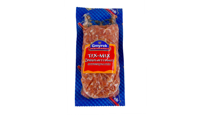 Wurst-Verpackung mit der Aufschrift „Tex-Mex-Zwiebelmettwurst“.  