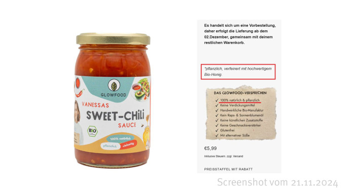 Werbung, Glowfood Vanessa’s Sweet-Chili Sauce, Glowfood.bio, 21.11.2024