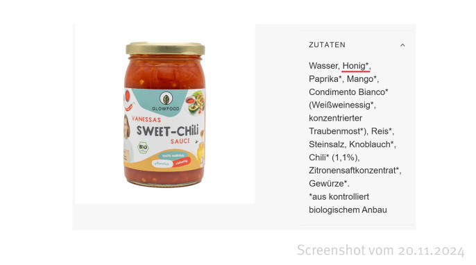 Zutaten, Glowfood Vanessa’s Sweet-Chili Sauce, Glowfood.bio, 20.11.2024