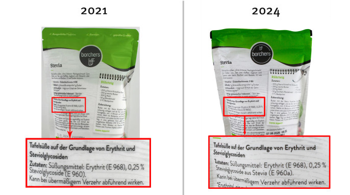 Bezeichnung + Zutaten, Borchers Stevia Kristalline Streusüsse, 2021, 2024