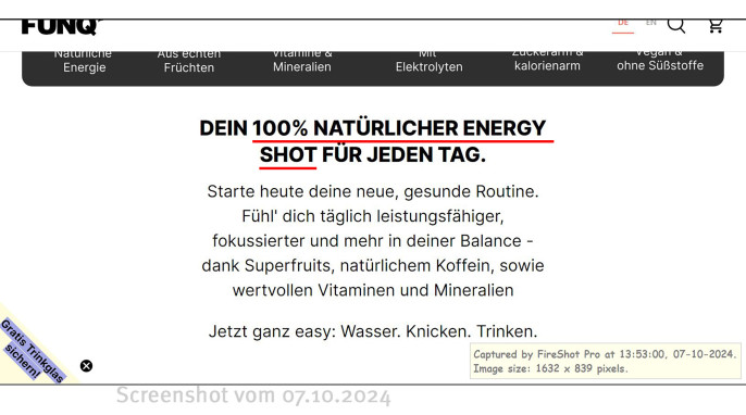 Werbung 1, FunQ‘ Energy Energy Shot Blueberry, funq.com, 07.10.2024