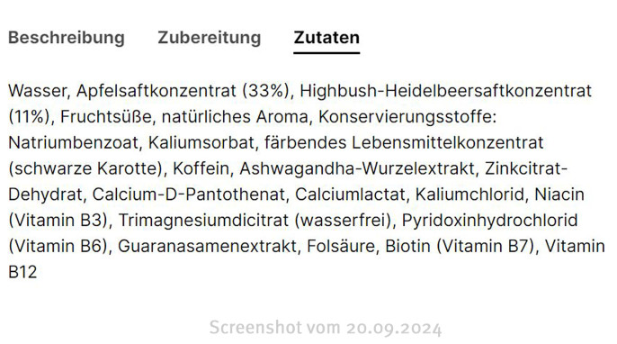 Zutaten, FunQ‘ Energy Energy Shot Blueberry, funq.com, 20.09.2024