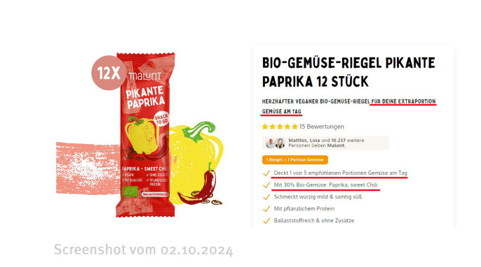 Angebot, Malunt Bio-Gemüse-Riegel Pikante Paprika, Malunt.com, 02.10.2024
