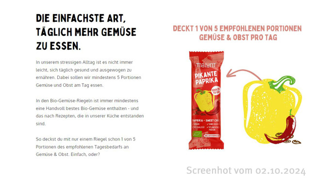 Werbung 1, Malunt Bio-Gemüse-Riegel Pikante Paprika, Malunt.com, 02.10.2024