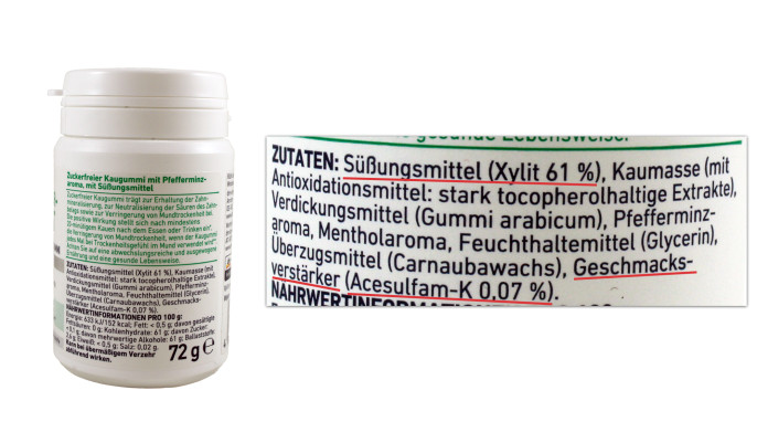 Zutaten, Dontodent Peppermint Zahnpflege-Kaugummi