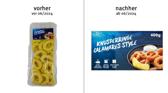alt: Calamares à la Romana, vor 06/2024; neu: Knusperringe Calamares Style, ab 06/2024, Herstellerfoto