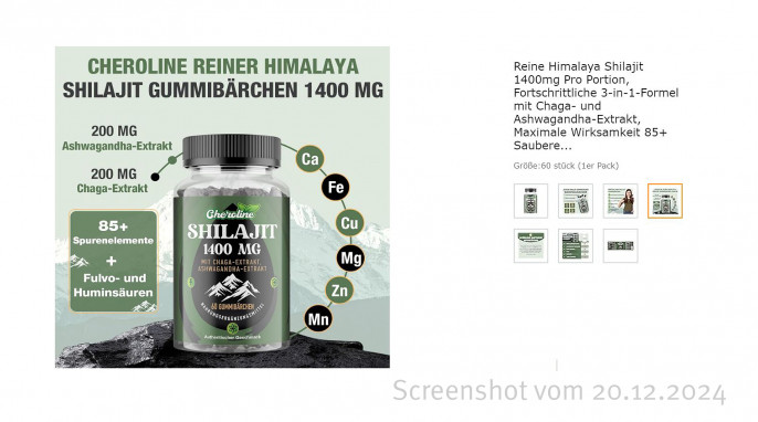 Wirkstoffe, Cheroline Shilajit-Gummis, Amazon.de, 20.12.2024