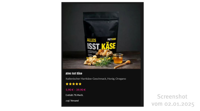 Übersicht, Pottkorn Gourmet Popcorn Alles isst Käse, pottkorn.de, 02.01.2025