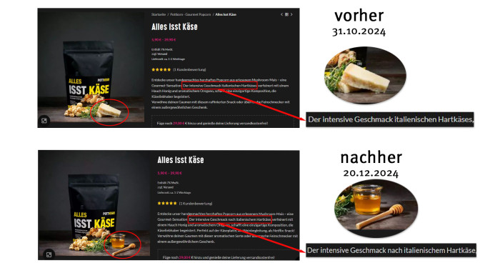 alt: Angebot, Pottkorn Gourmet Popcorn Alles isst Käse, pottkorn.de, 31.10.2024; neu: 20.12.2024