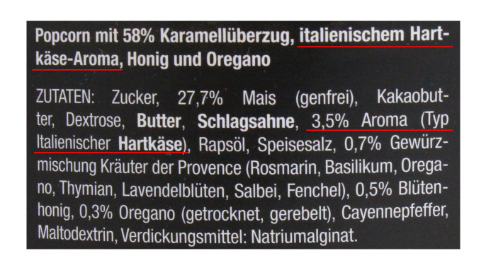Bezeichnung + Zutaten, Pottkorn Gourmet Popcorn Alles isst Käse