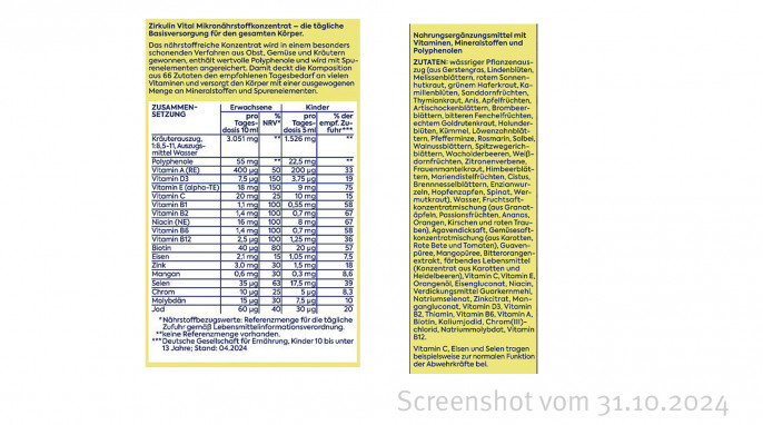 Nährwertangaben + Zutaten, Zirkulin Vital, Amazon.de, 31.01.2024