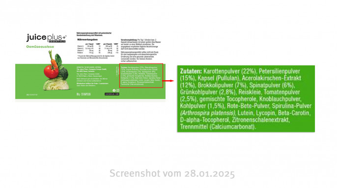 Zutaten, Juice Plus+ Essentials Gemüseauslese Kapseln, De.juiceplus.com, 28.01.2025