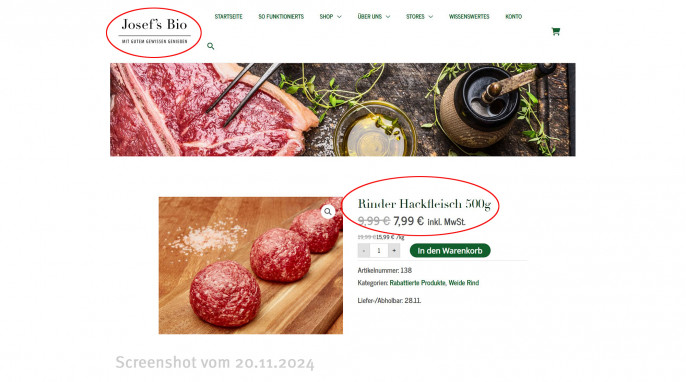 Josefsbio.de, Rinder Hackfleisch, 500 g, 20.11.2024 