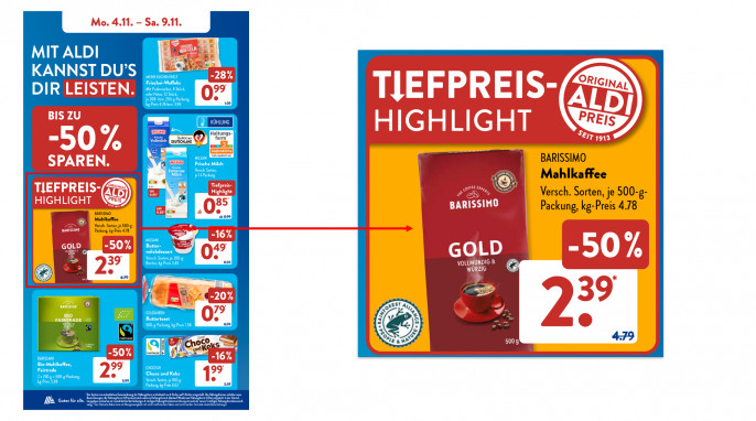 Angebot, Barissimo Mahlkaffee, Aldi Süd Angebotsprospekt KW 45/2024, S. 6 