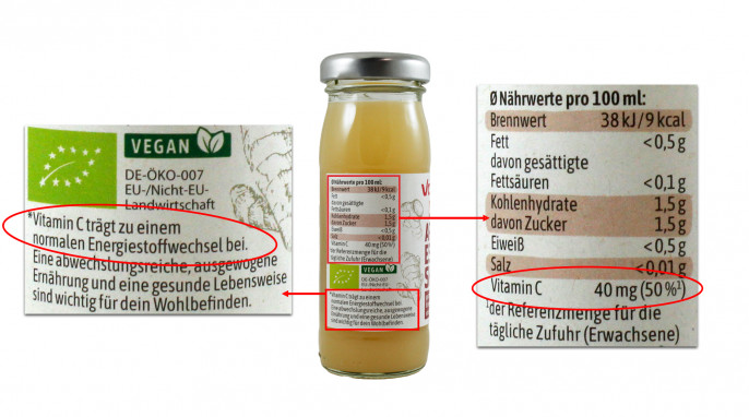 Nährwerte + Sternchenhinweis, Voelkel Apfelessig Shot, Herstellerfoto