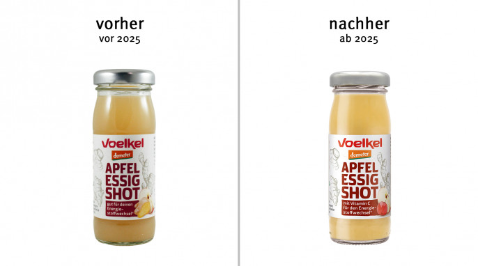 alt: Voelkel Apfelessig Shot, vor 2025; neu: ab 2025, Herstellerfoto
