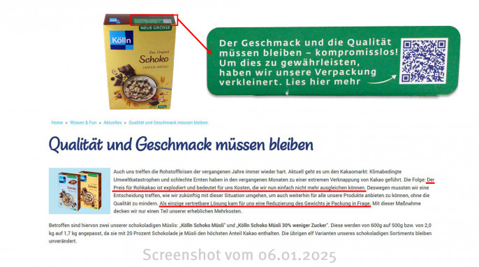QR-Code, Kölln Schoko Hafer-Müsli; Erläuterung QR-Code, Koelln.de, 06.01.2025 