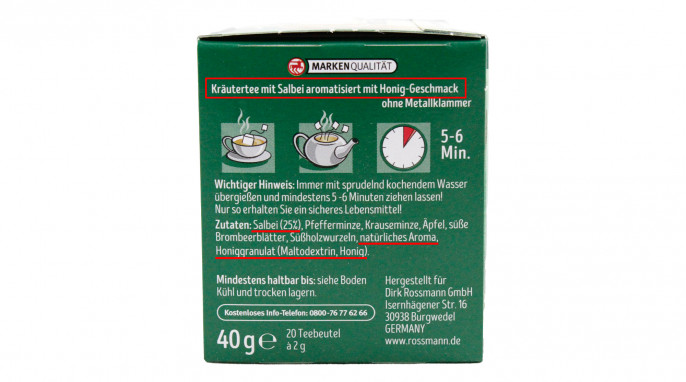 Bezeichnung und Zutaten, Kings Crown Kräutertee Honig Salbei