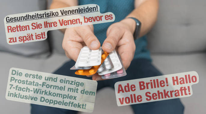 Aussagen der Aura Natura Werbung vor Mann mit Pillendragees