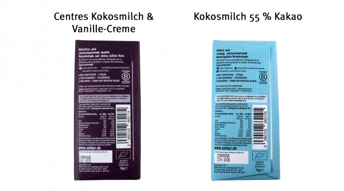 Rückseiten, Ombar Centres Kokosmilch & Vanille-Creme und „Ombar Kokosmilch 55 % Kakao, 70 Gramm 
