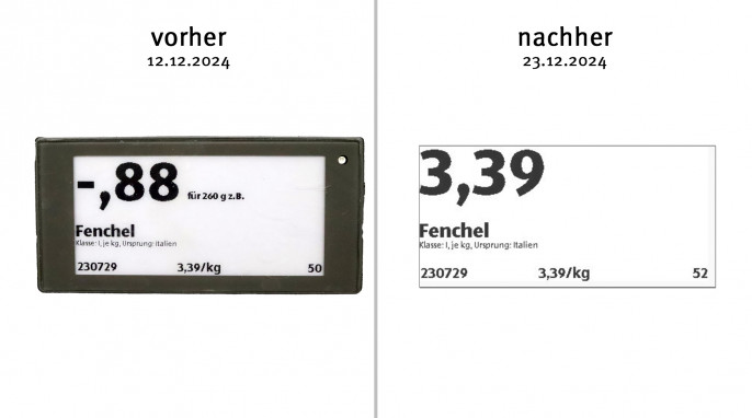alt: Preisschild Fenchel, Aldi Süd Darmstadt Eberstadt, 12.12.2024; neu: 23.12.2024, Anbieterfoto
