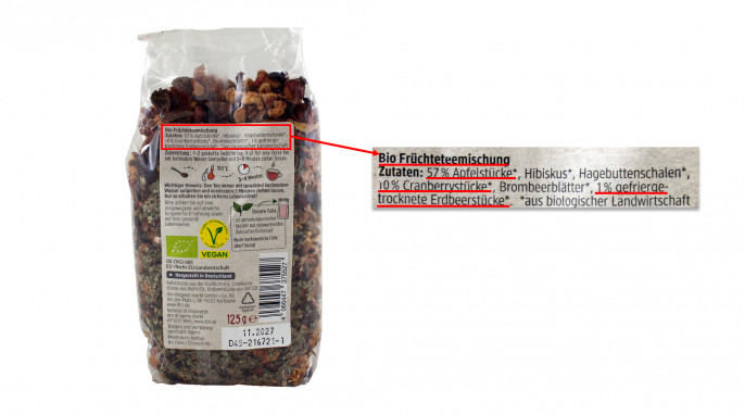 Bezeichnung und Zutaten, dm Bio Früchtetee Cranberry Erdbeere