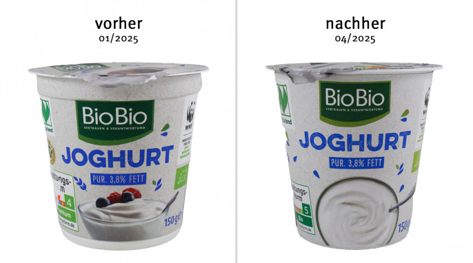 alt: BioBio Joghurt Pur, 3,8 % Fett, 01/2025; neu: ab 04/2025