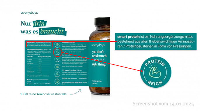 Etikett‚ Everydays – smart protein Tabletten, Amazon.de, 14.01.2025