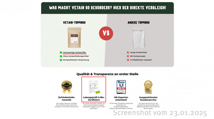 Werbung und Vergleich, Soja Protein Crispies mit Kakao, Vetain.de, 23.01.2025