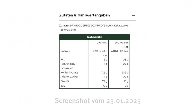 Zutaten + Nährwertangaben, Soja Protein Crispies mit Kakao, Vetain.de, 23.01.2025