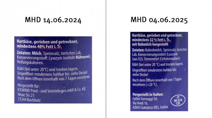 Bezeichnung + Zutaten, Cucina Nobile Hartkäse, Hergestellt für Icewind; Hersteller: Fallini Formaggi Srl