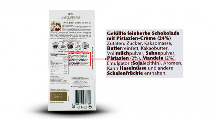 Bezeichnung und Zutaten, Lindt Creation Pistazie mit Mandelstückchen