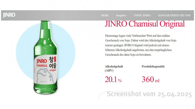 Beschreibung Jinro Chamisul Original, Jinro-soju.com, 25.04.2025