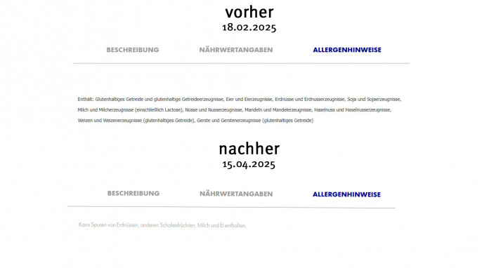 alt: Allergenhinweise, Ritter Sport Crispy Cookie, Shop.Ritter-Sport.de, 18.02.2025; neu: 15.04.2025