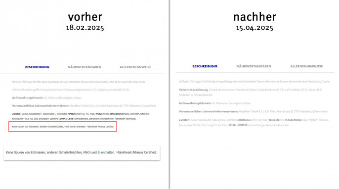alt: Beschreibung, Ritter Sport Crispy Cookie, Shop.Ritter-Sport.de, 18.02.2025; neu: 15.04.2025