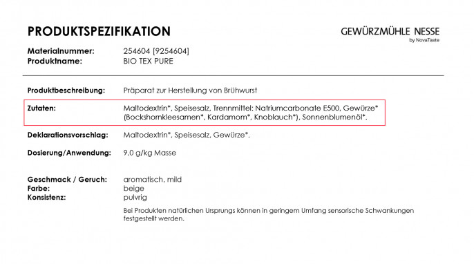 Ausschnitt Produktspezifikation Bio Tex Pure (Kutterhilfsmittel), Gewürzmühle Nesse