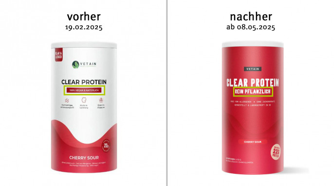 alt: Produktansicht Clear Protein Cherry Sour, vetain.de, 19.02.2025; neu: 08.05.2025