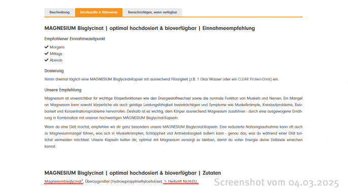 Inhaltsstoffe, Magnesium Bisglycinat, Profuel.de, 04.03.2025 