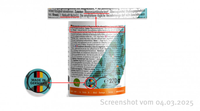 Produktrückseite, Magnesium Bisglycinat, Profuel.de, 04.03.2025 