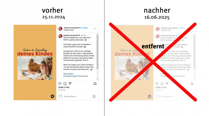 Links „vorher 25.11.2024“ und rechts „nachher 16.06.2025“ und „entfernt“