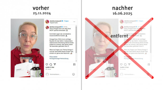 Links „vorher 25.11.2024“ und rechts „nachher 16.06.2025“ und „entfernt“